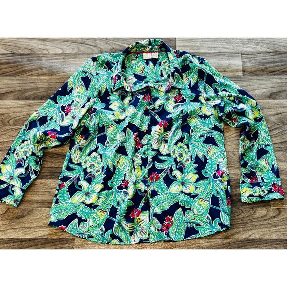 Caribbean Joe Tops - CARIBBEAN JOE Women’s XL Tropical Floral Button Down Blouse Long Sleeve Resort